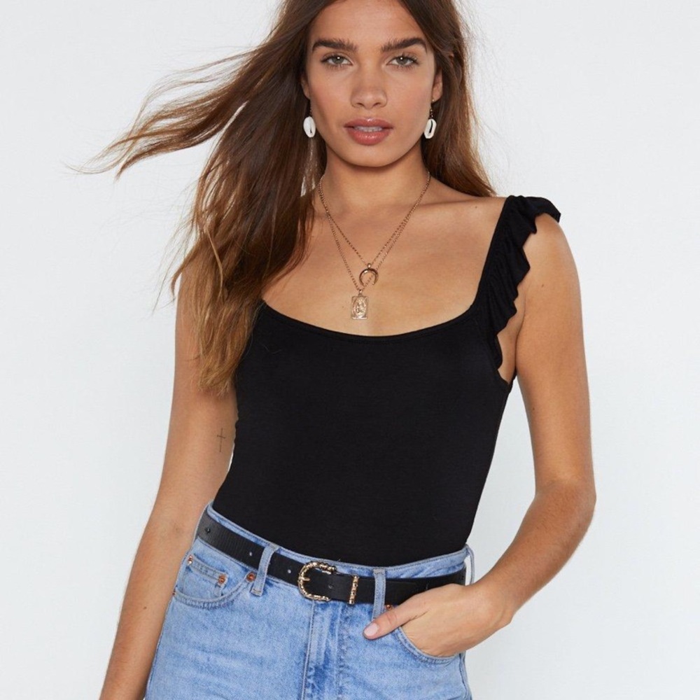 scoop neckline with ruffle detailing bodysuit